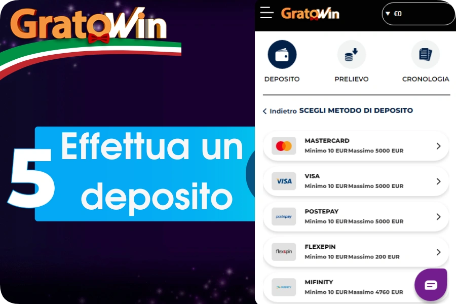 gratowin Effettua un deposito